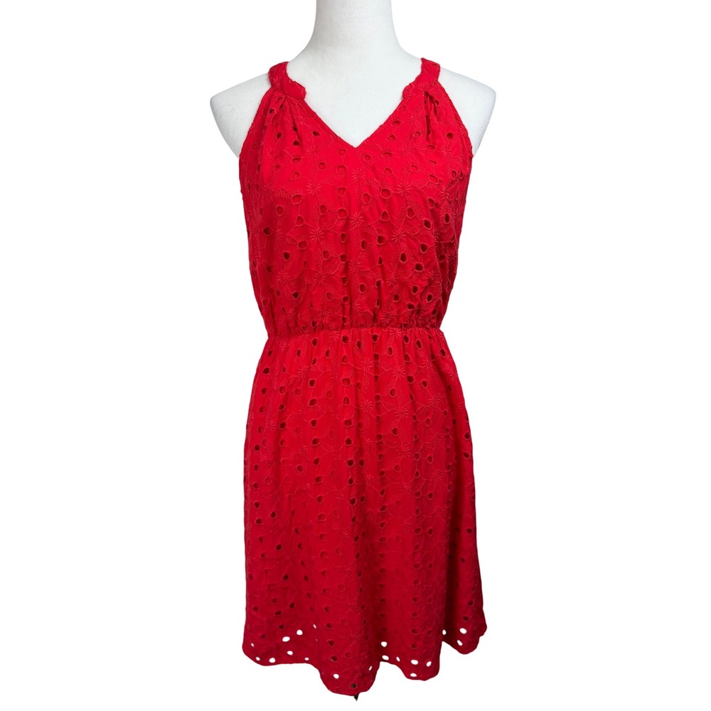 Market & Spruce Red Eyelet Halter V-Neck Sleeveless Dress Size Small Beach
